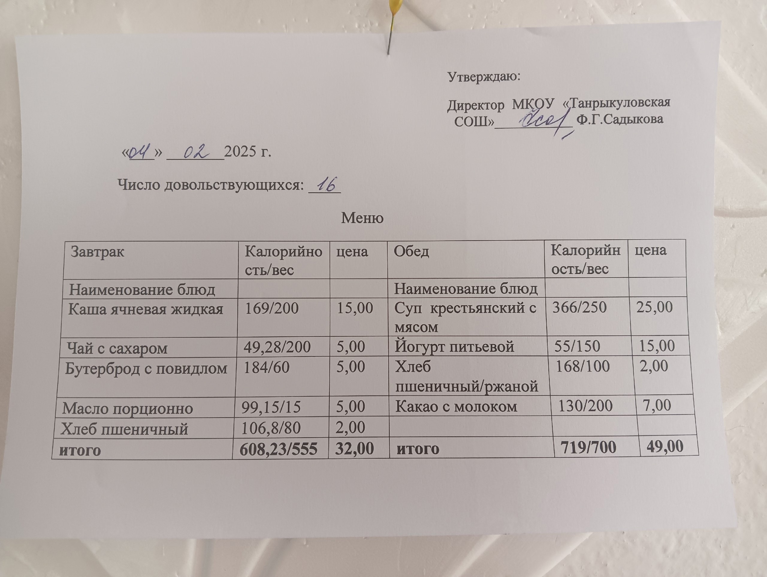 Завтрак и обед на 04.02.2025 г..
