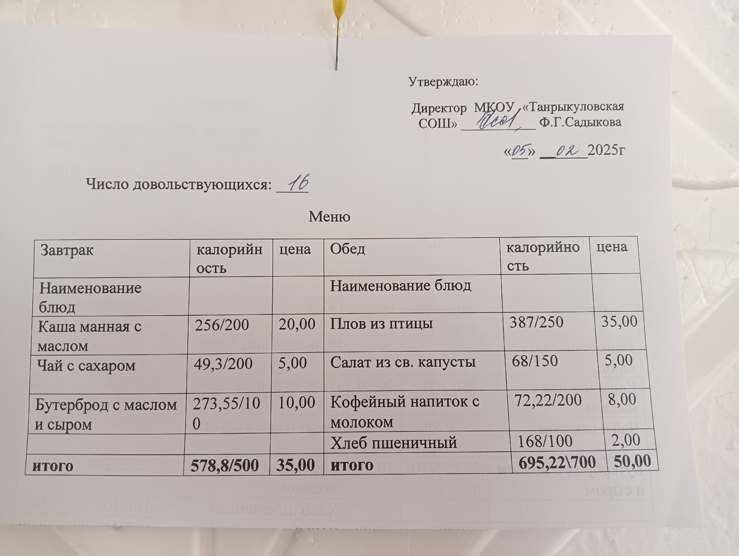Завтрак и обед на 05.02.2025 г..