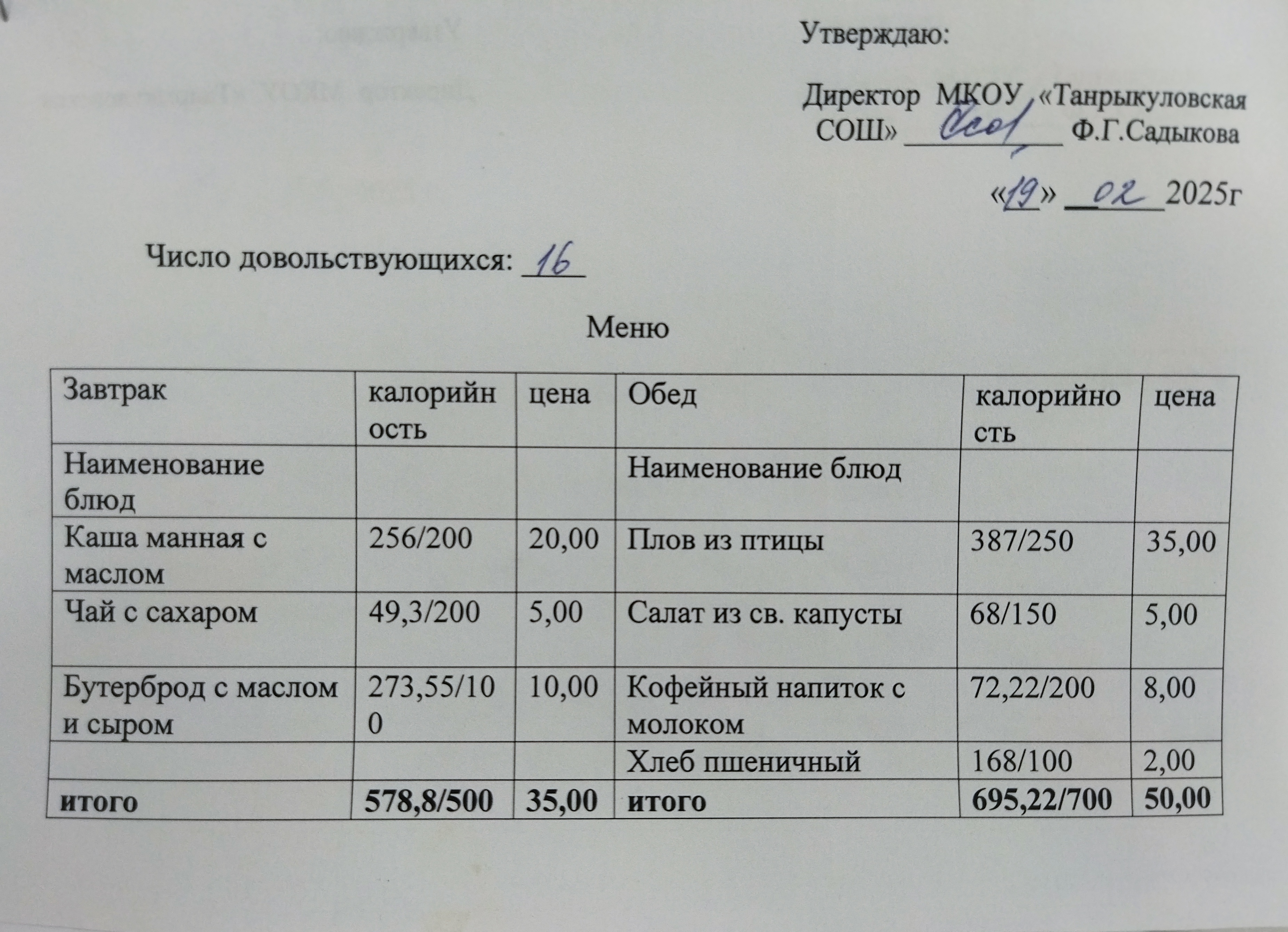 Завтрак и обед на 19.02.2025.
