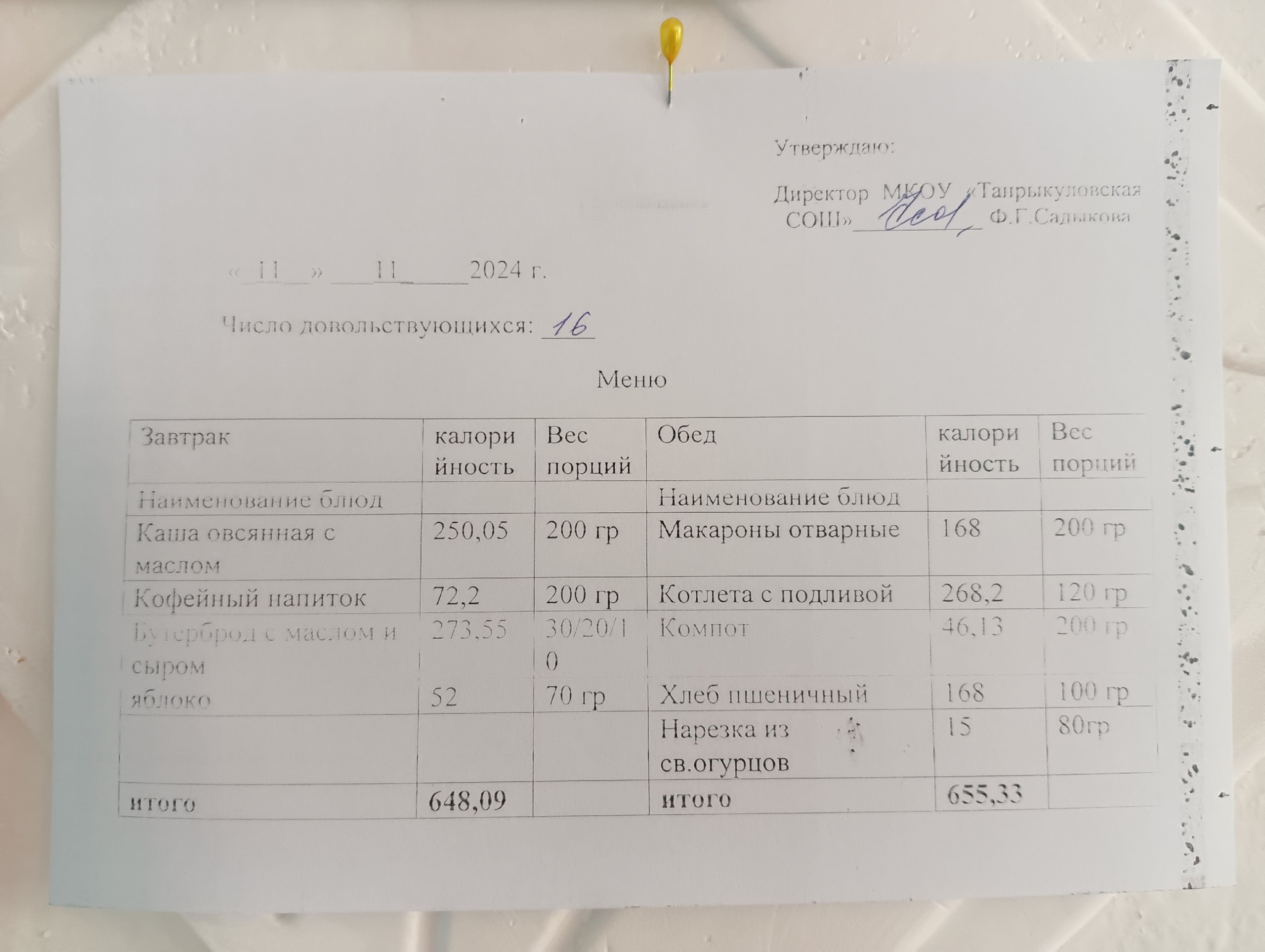 Завтрак и обед на 11.11.2024 г..