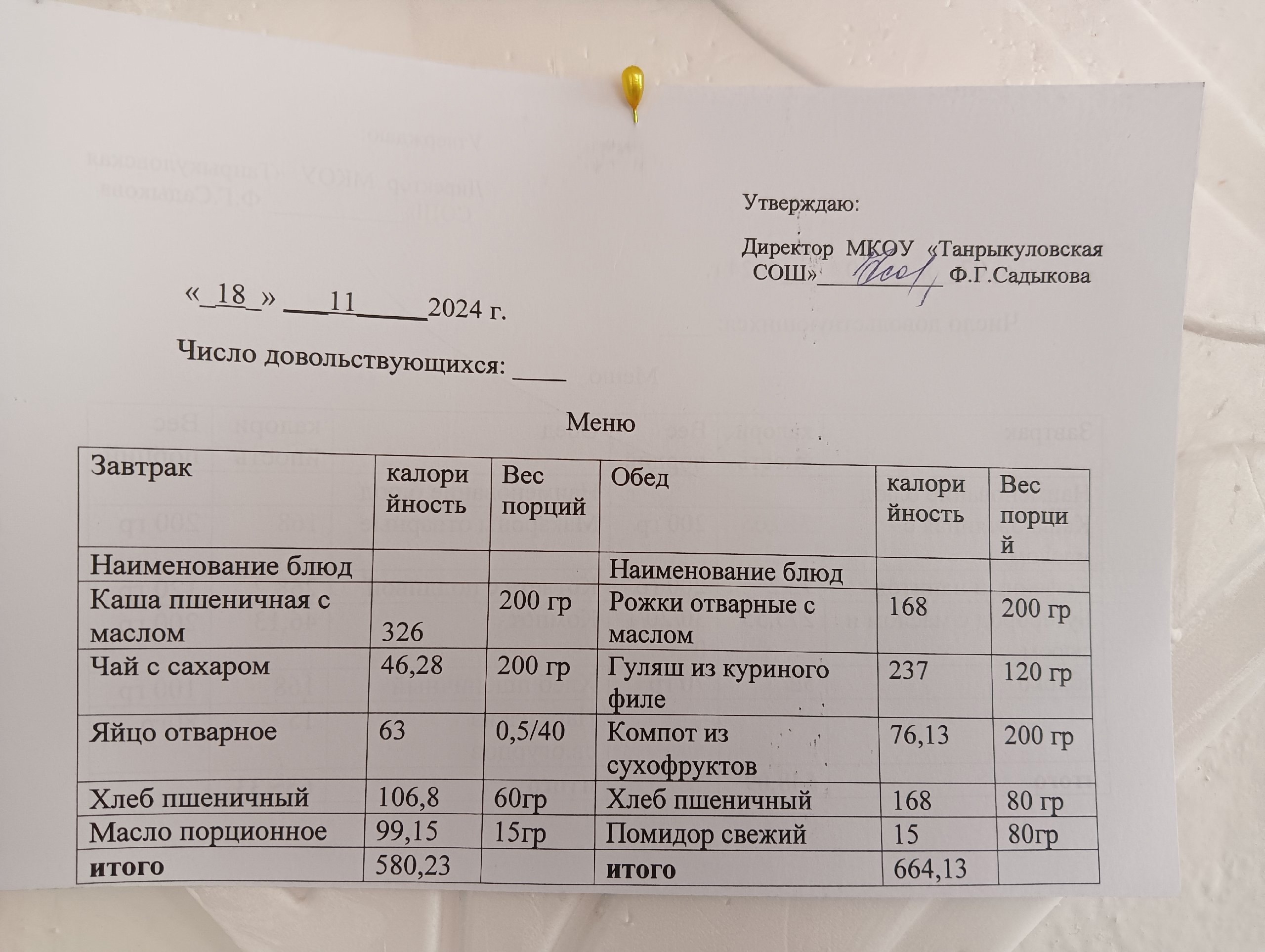 Завтрак и обед на 18.11.2024 г..