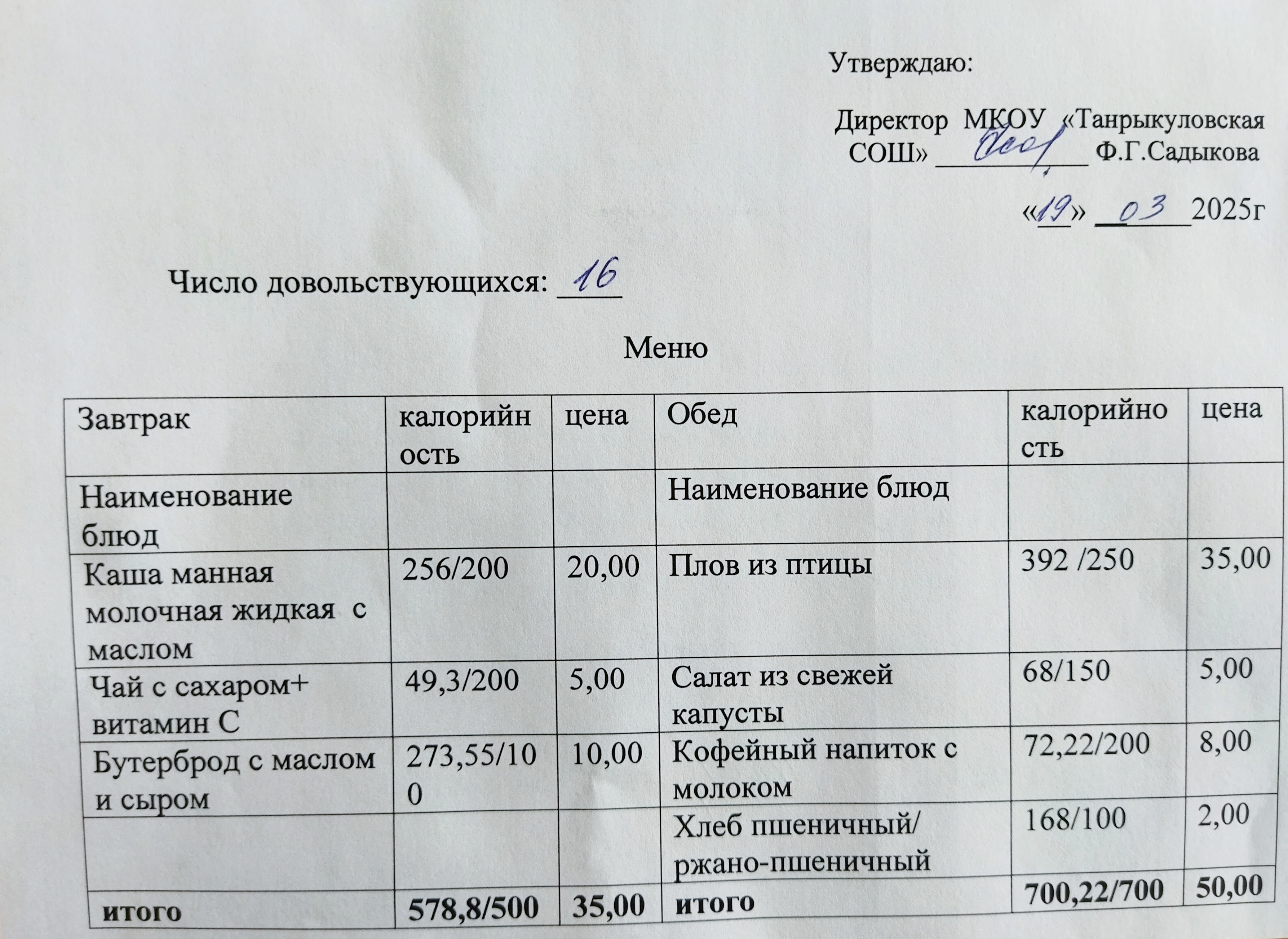 Завтрак и обед на 19.03.2025.