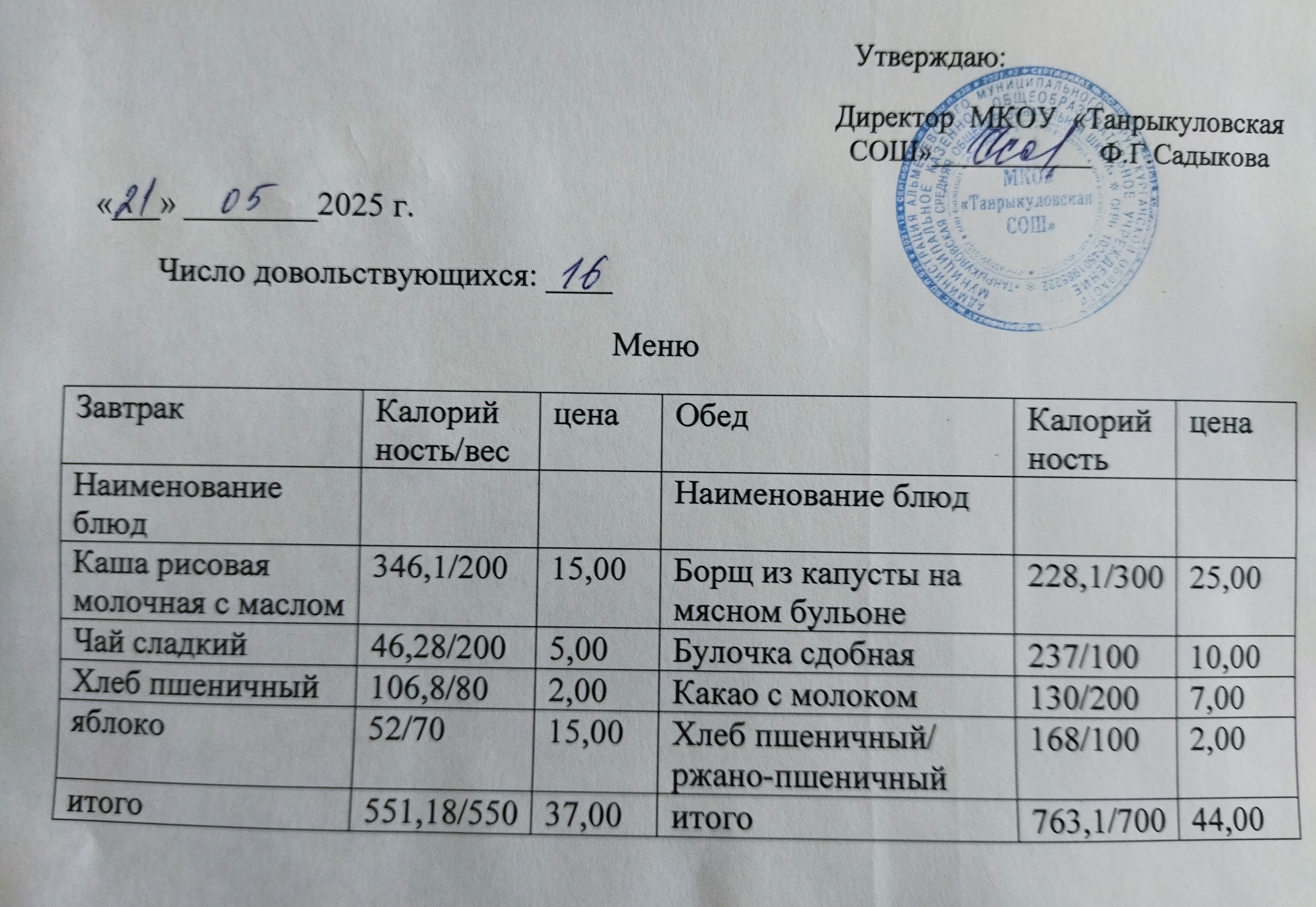 Завтрак и обед на 21.05.2025.