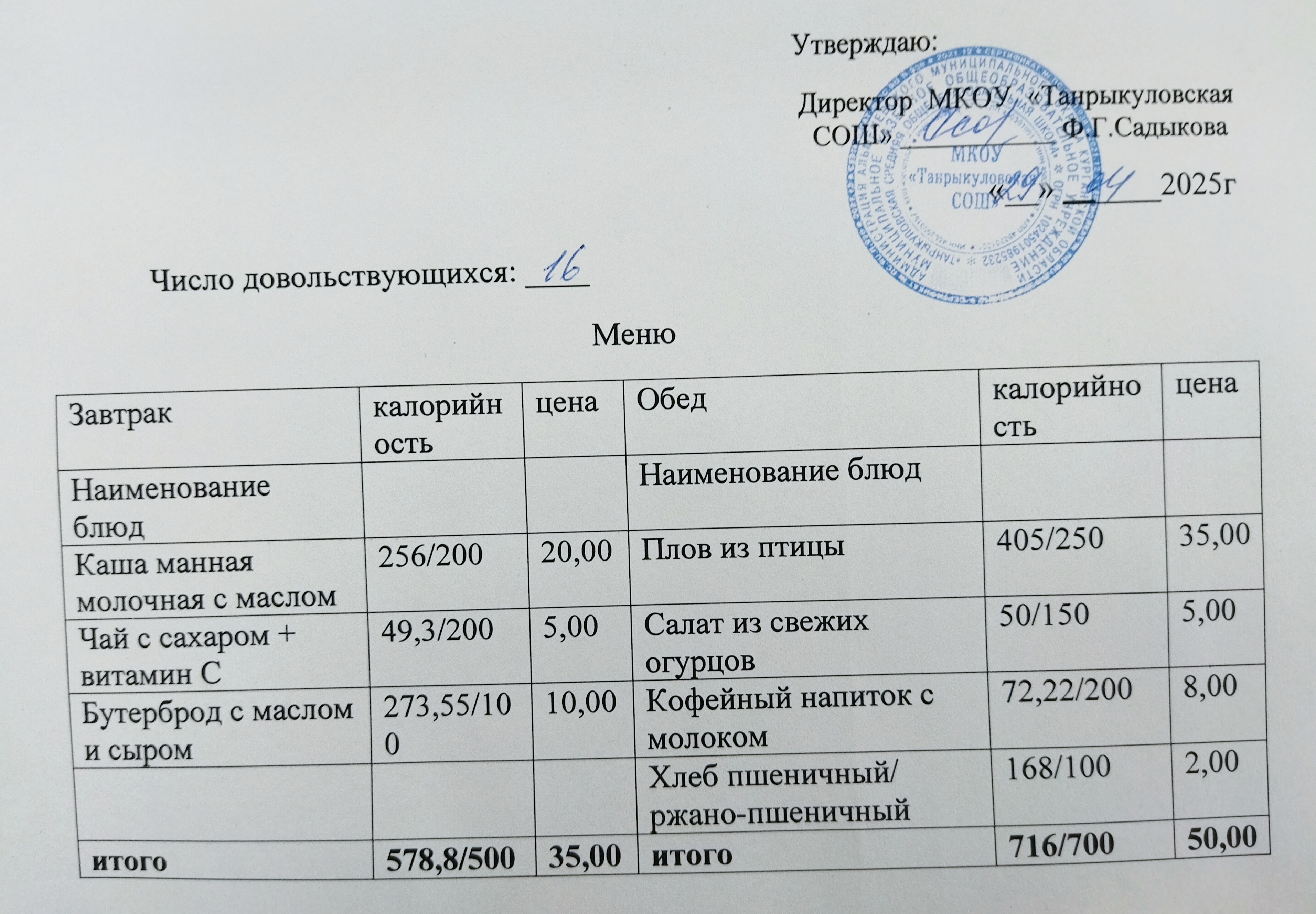 Завтрак и обед на 29.04.2025.